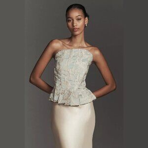 NEW Porridge - Size L Women's Strapless Pleated Peplum Top - Blue Pattern